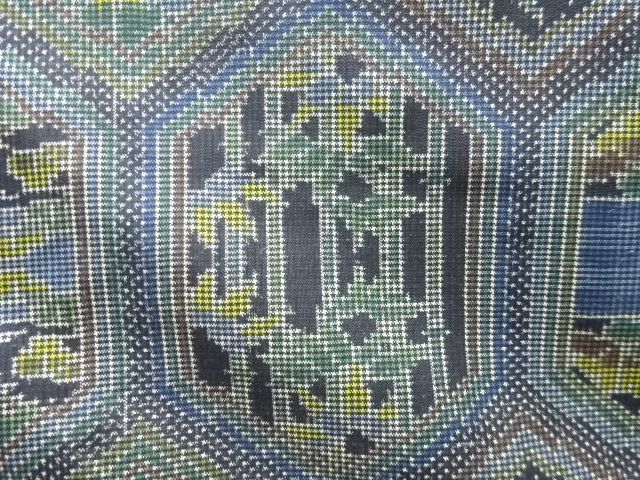 JAPANESE KIMONO / ANTIQUE KIMONO / SILK / DORO OSHIMA TSUMUGI / WOVEN BAMBOO GRASS & TEMPLES